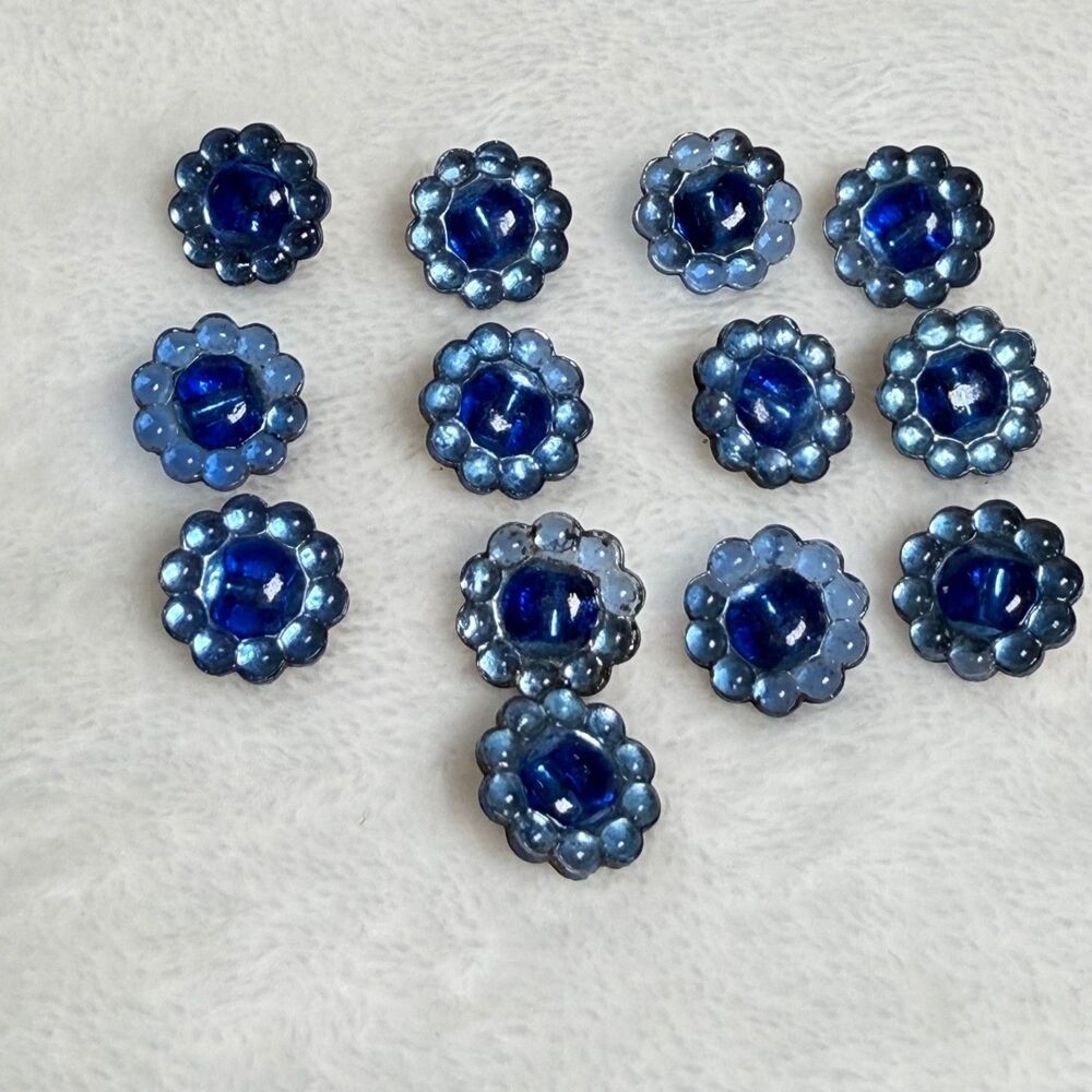 Vintage 2 Tone Blue Floral Shank Buttons Lot 13 Plastic Lucite
